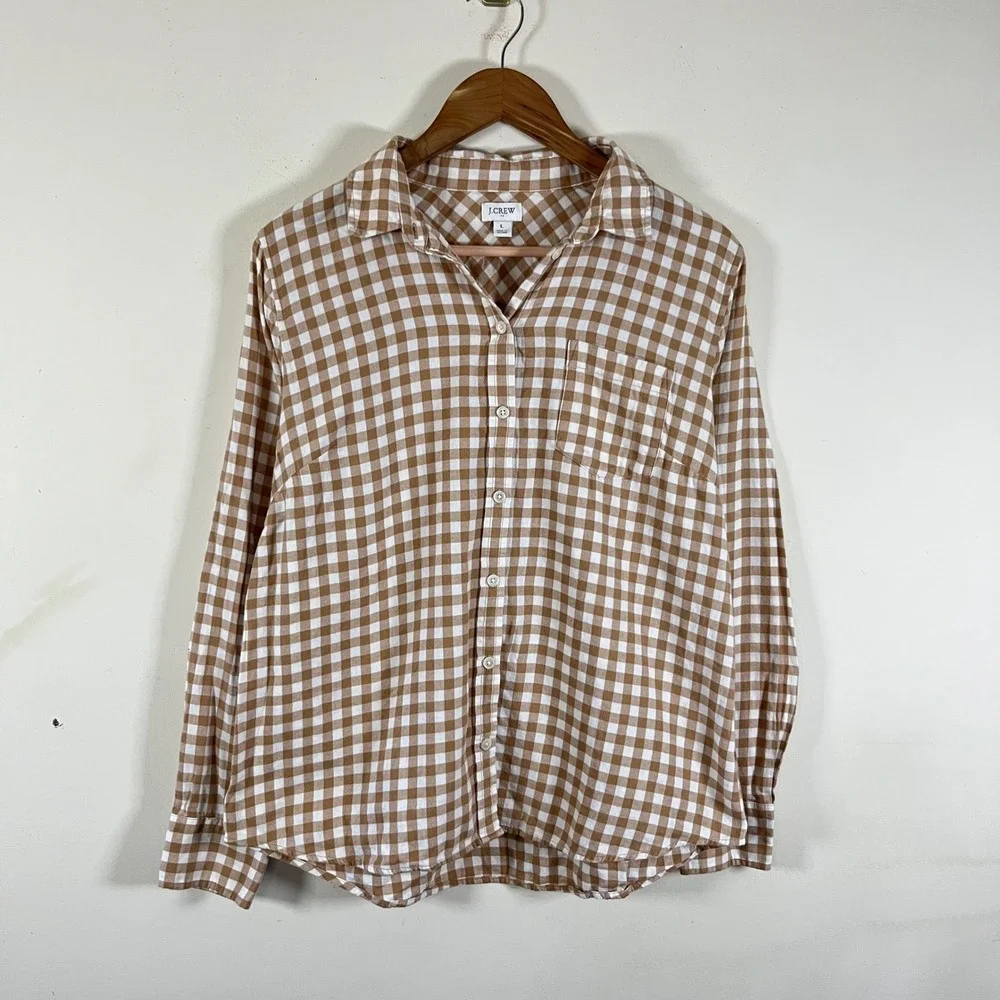 J. Crew Gingham Button Down Flannel Shirt Tan White Cottagecore Academia Large